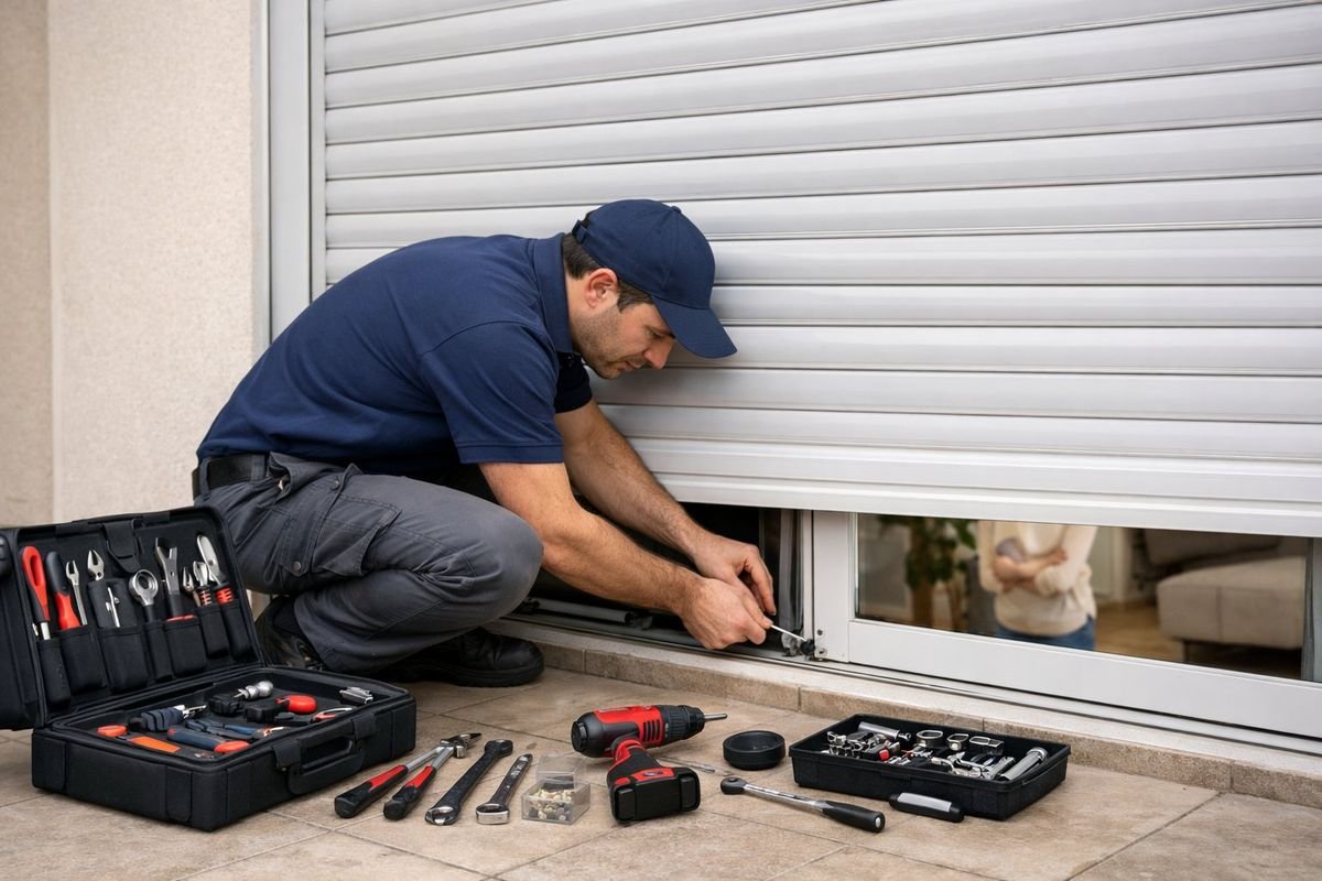 Instalador de persianas trabajando en la fachada de una vivienda mediterránea en Castelldefels
