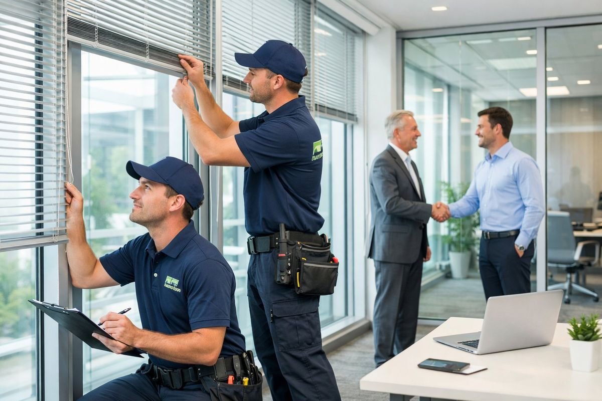 Técnico de persianas revisando estado de persiana con cliente en vivienda de Castelldefels