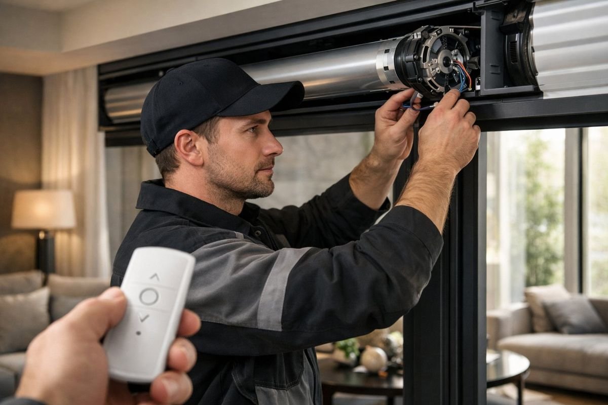 Técnico instalando motor tubular en una persiana con mando a distancia en Castelldefels