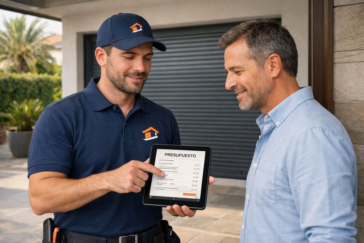 Técnico de Persicastefa asesorando a clientes sobre persianas en Castelldefels