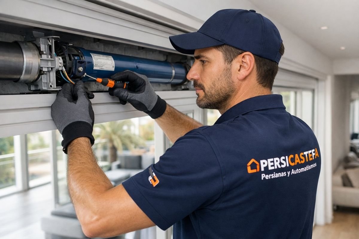 Técnico de Persicastefa reparando el motor interior de una persiana en Castelldefels